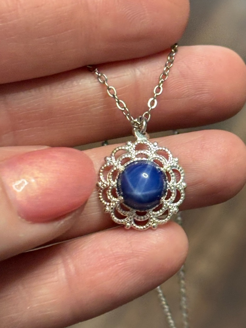 Natural 6 Ray Blue Star Sapphire 8mm round cabochon Necklace Sterling Silver